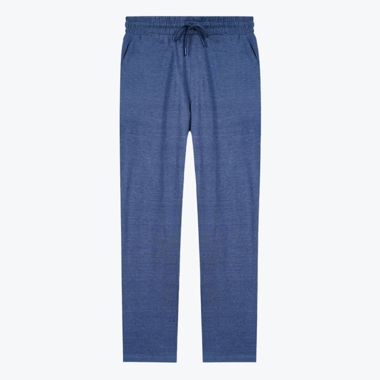Front view of a pair of heathered blue lounge pants with a drawstring waistband and straight legs on a white background.