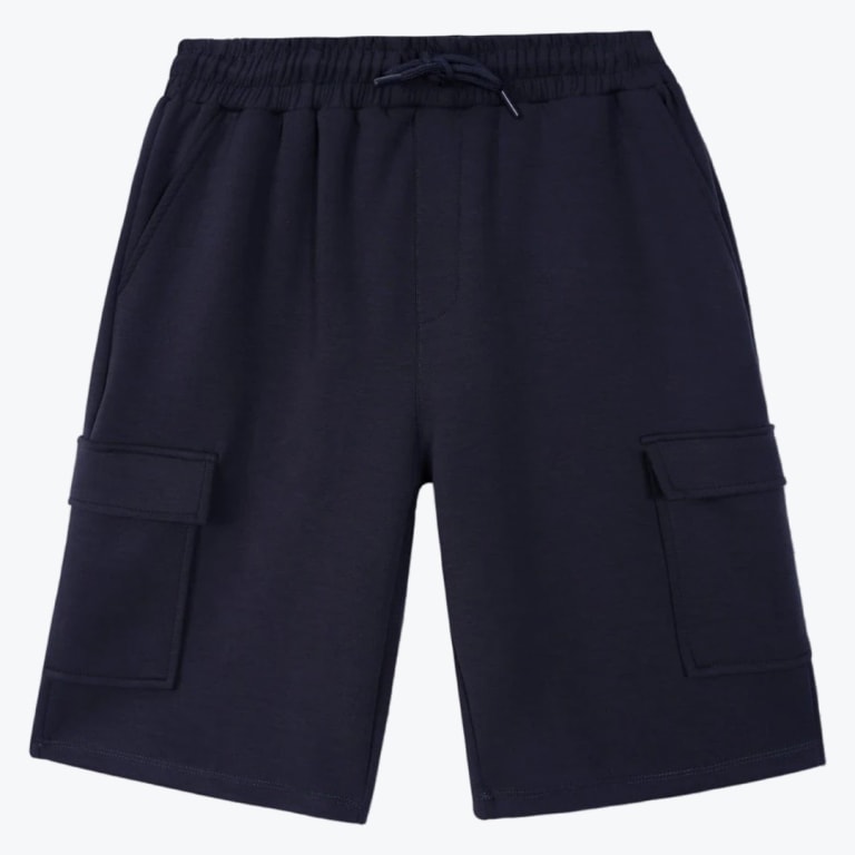 A pair of navy blue cargo sweat shorts with an elastic drawstring waist and side cargo pockets, displayed flat against a white background.