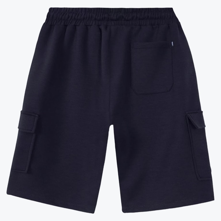 Back view of dark navy blue cargo sweat shorts featuring an elastic waistband, a back pocket, and side cargo pockets.
