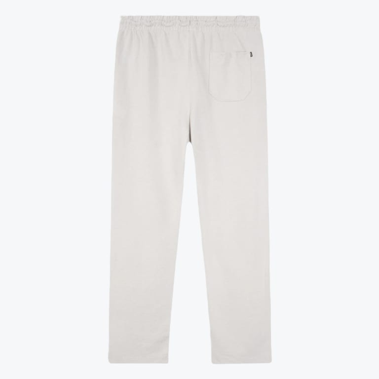 Back view of light beige straight-leg trousers with an elastic waistband and a single back pocket on a white background.