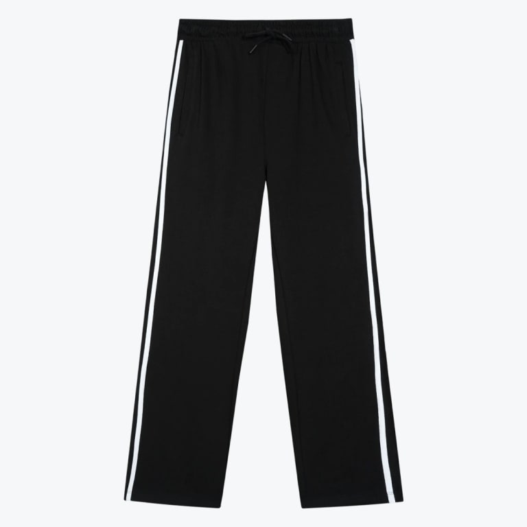 A pair of black straight-leg track pants with a white stripe down each side and a drawstring waistband, displayed against a white background.