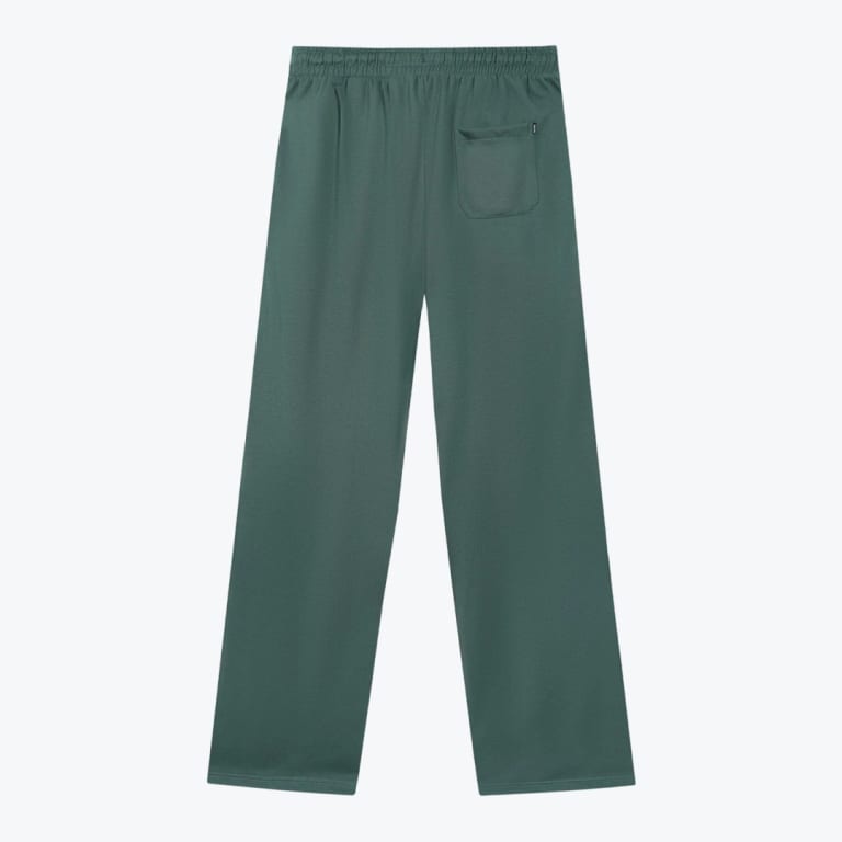 Back view of dark green straight-leg sweatpants with an elastic waistband and a single back pocket on the right.