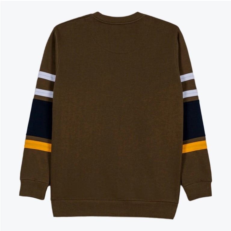 The back of an olive green crewneck sweatshirt featuring sporty color-blocked stripes in white, navy blue, and yellow on the sleeves.