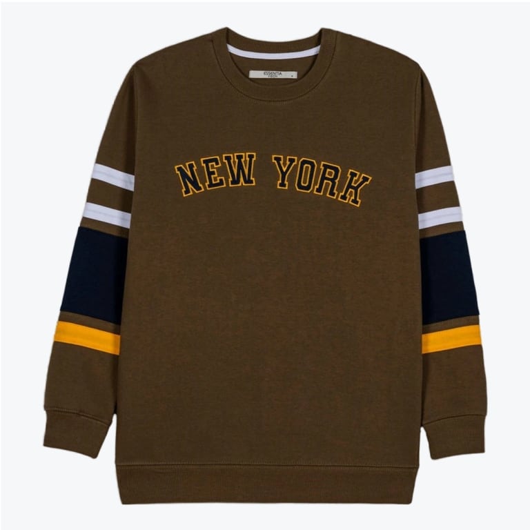 An olive brown crewneck sweatshirt with NEW YORK printed in navy and yellow varsity font on the chest, featuring white, navy, and yellow stripes on the sleeves.