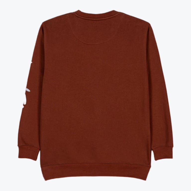 The back view of a rust brown crewneck sweatshirt with ribbed cuffs and hem against a white background.