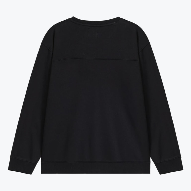 The back view of a plain black crewneck sweatshirt with a horizontal seam across the upper back, ribbed cuffs, and hem, set against a white background.