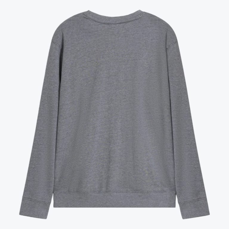 The back of a plain grey crewneck sweatshirt with ribbed cuffs and hem on a white background.