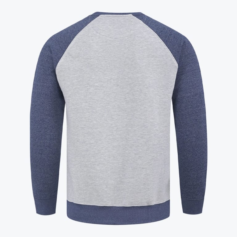 Back view of a grey and navy blue raglan sweatshirt with long sleeves and ribbed cuffs.