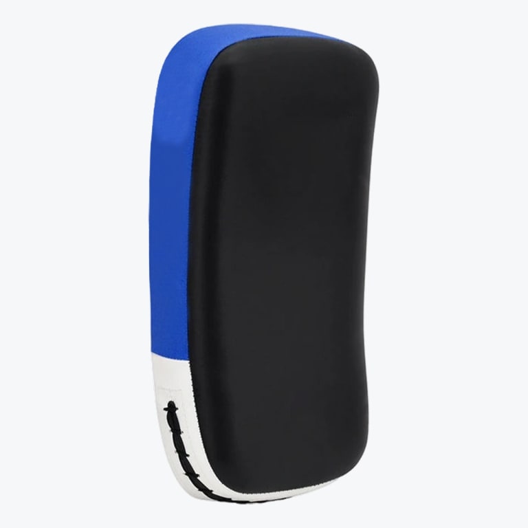 A curved rectangular martial arts kick pad with a black front, blue sides, and a white bottom with black laces, isolated on a white background.