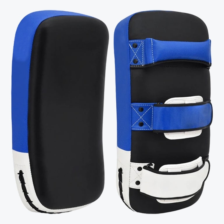 A pair of blue, black, and white martial arts kicking pads shown from the front and back against a white background.