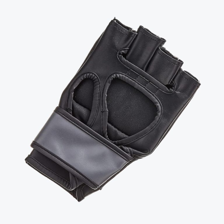 A black fingerless MMA grappling glove with an open palm and adjustable wrist strap on a white background.