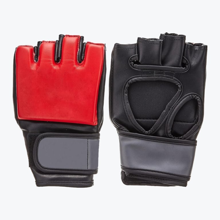 A pair of fingerless MMA gloves, one showing the padded red back and the other showing the open black palm, set against a plain white background.