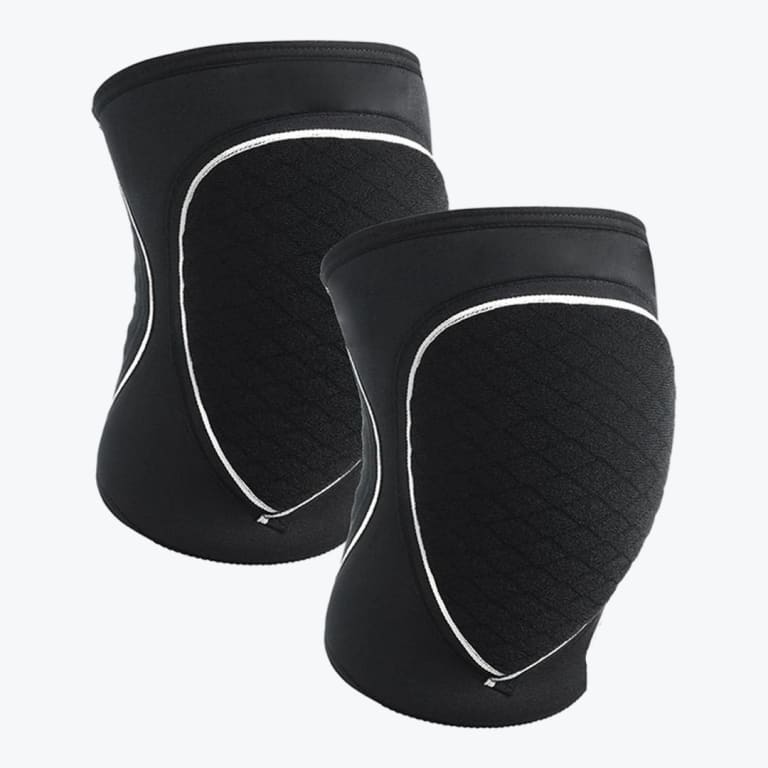 A pair of black padded knee sleeves with a textured front pad outlined in white, shown against a plain white background.