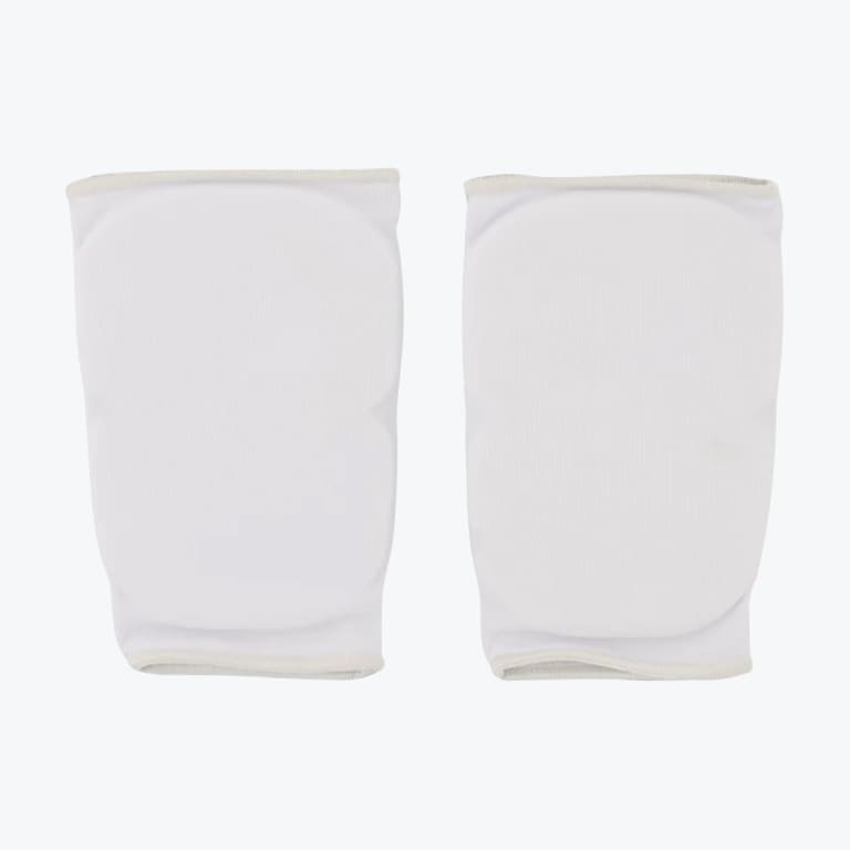 A pair of white padded knee sleeves shown side-by-side on a white background.