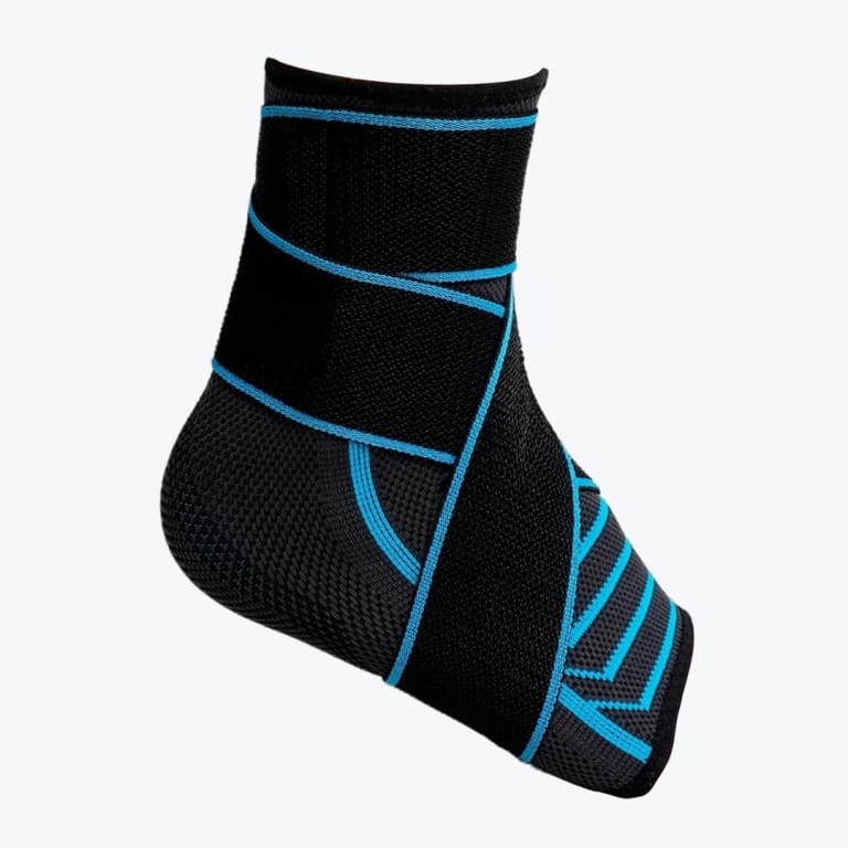 A black and blue compression ankle brace with adjustable wrap-around straps shown against a white background.