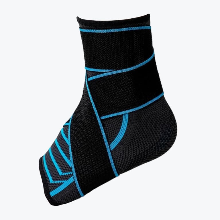 A black ankle compression sleeve with adjustable straps outlined in bright blue, shown isolated on a white background.