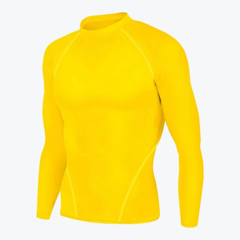 A bright yellow long-sleeve compression shirt on a white background, showing a tight-fitting athletic design with a mock neck and raglan sleeves.