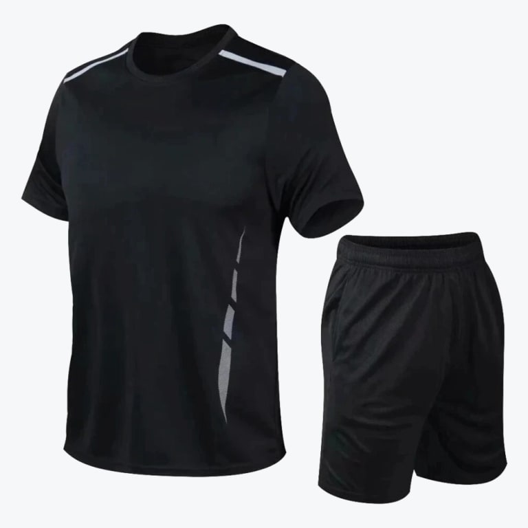 A two-piece black sports set consisting of a short-sleeved t-shirt with reflective shoulder and side details, and matching black athletic shorts on a white background.