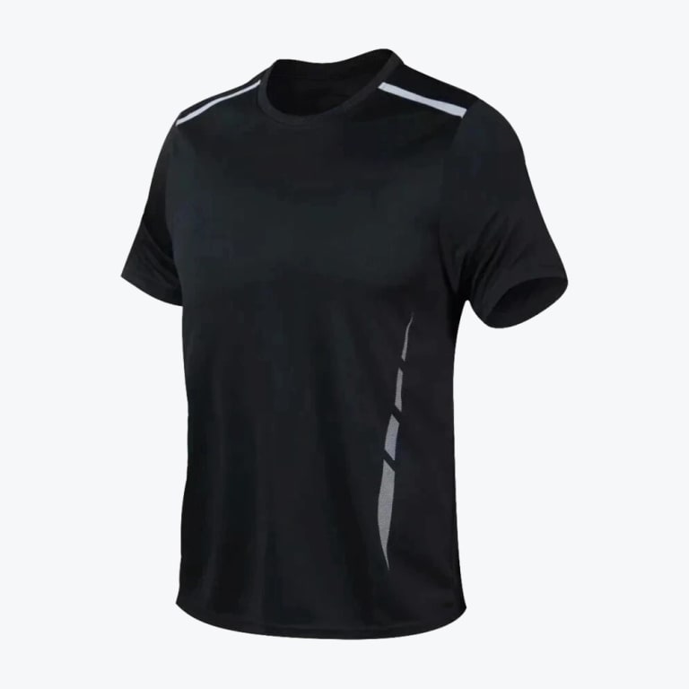 A black short-sleeved athletic t-shirt with reflective silver stripes on the shoulders and a segmented reflective design on the lower left side, shown against a plain white background.