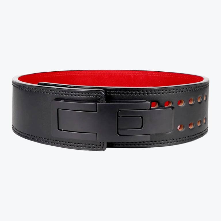 A black leather weightlifting belt with a red interior lining and a black lever buckle, shown on a white background.