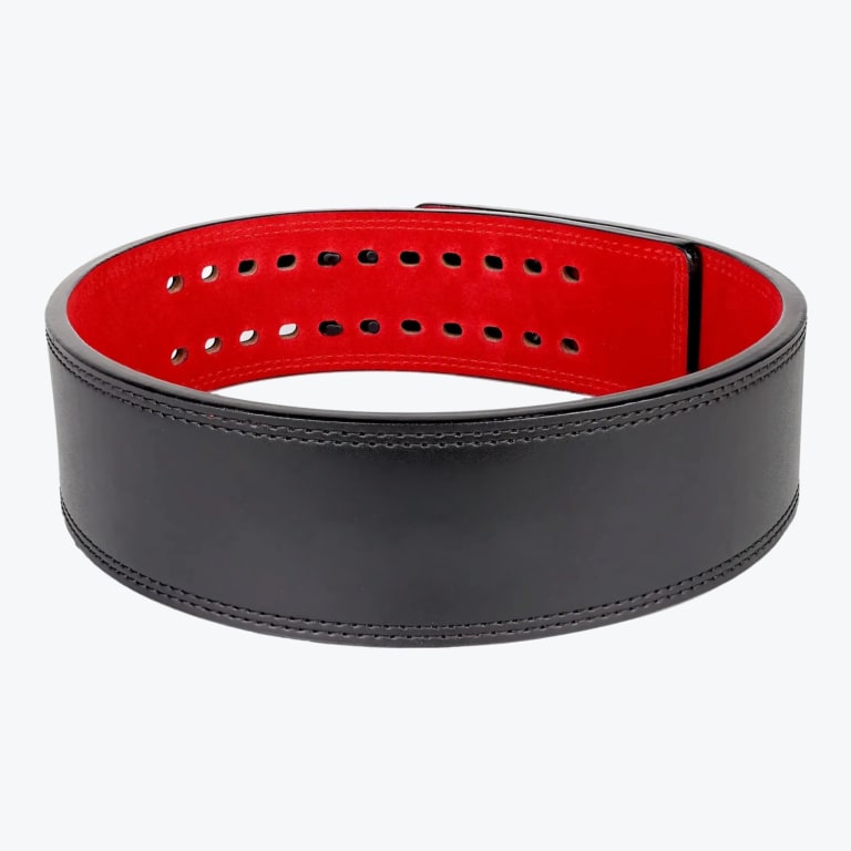 A thick black leather weightlifting belt with a bright red suede interior, shown coiled in a circle on a white background.