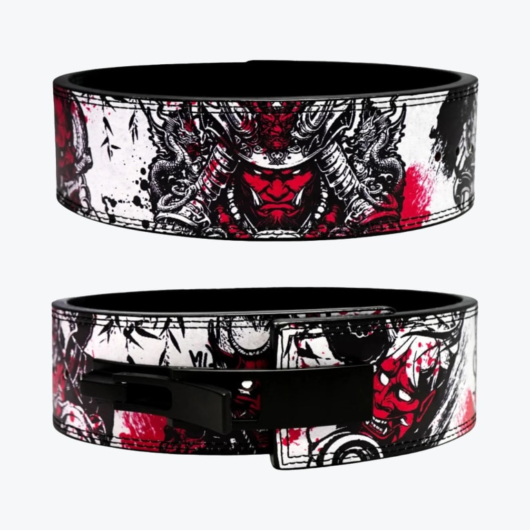Two views of a custom weightlifting lever belt with a red and black Japanese samurai and Oni demon graphic design on a white background.
