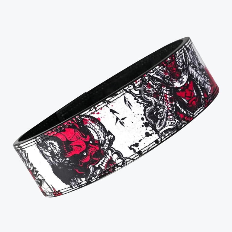 A weightlifting belt featuring a black, white, and red Japanese design with an Oni mask and a Samurai warrior.