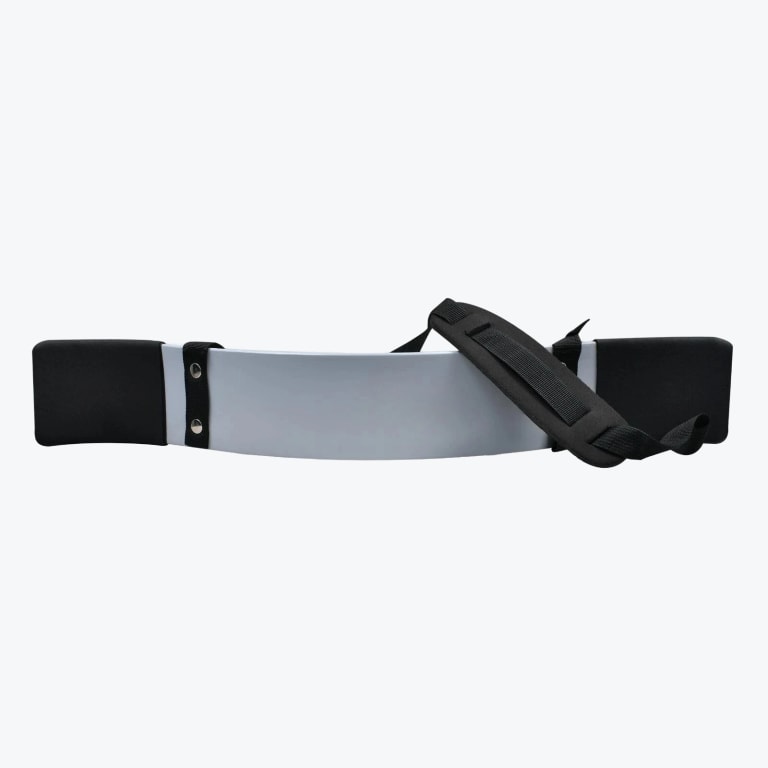 A white bicep arm blaster with black elbow pads and an adjustable neck strap, isolated on a white background.