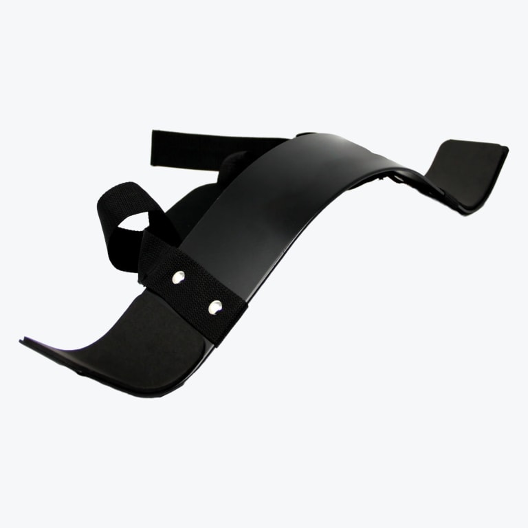 A curved black metal bicep arm blaster with a black nylon neck strap, shown against a plain white background.