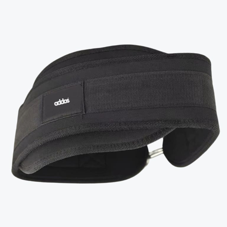 A black Addos weightlifting belt with a contoured back support and a metal buckle, shown against a white background.