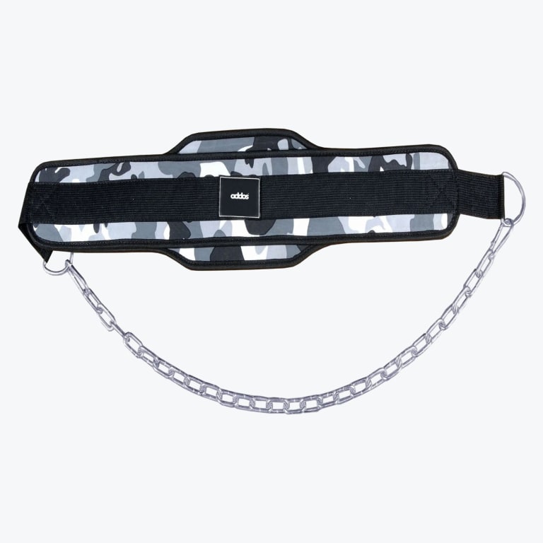 An Addos dipping belt with a grey camouflage pattern and a steel chain, isolated on a white background.