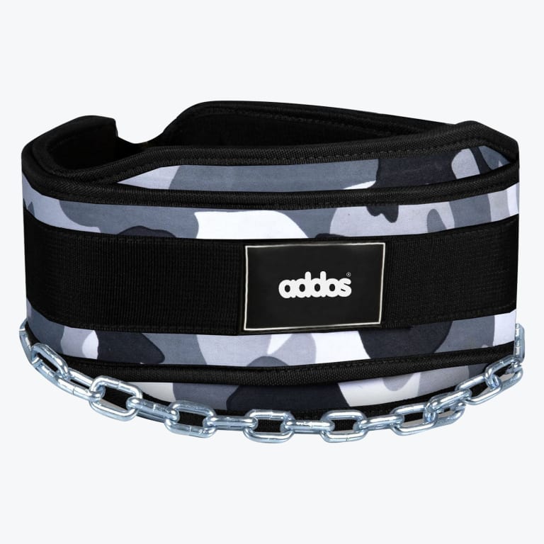 An Addos brand weightlifting dipping belt with a grey camo pattern and a steel chain, isolated on a white background.