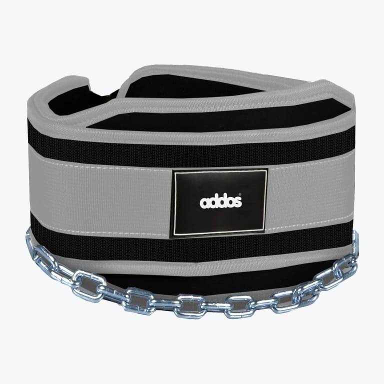 A black and grey Addos dip belt with a heavy-duty steel chain, isolated on a white background.