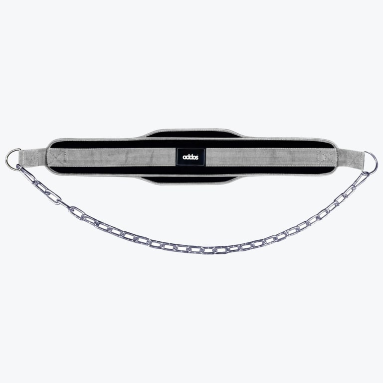 Addos grey and black dipping belt with a metal chain attached to D-rings on both ends, shown on a white background.