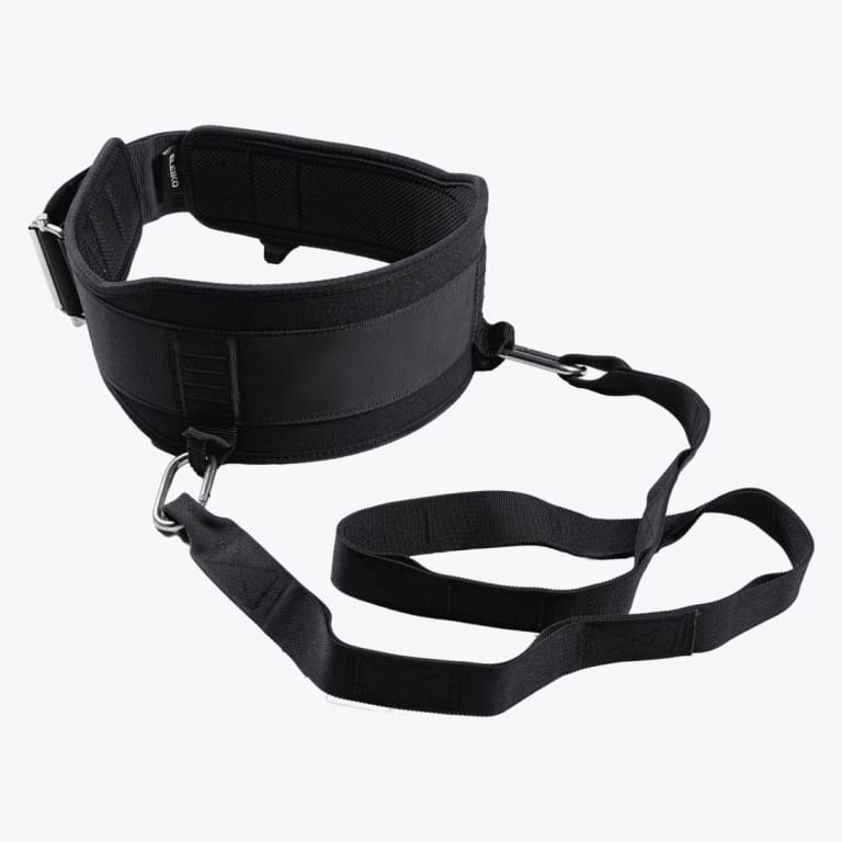 A black padded Eleiko dip belt with an adjustable buckle and a long nylon strap attached via metal carabiners, isolated on a white background.