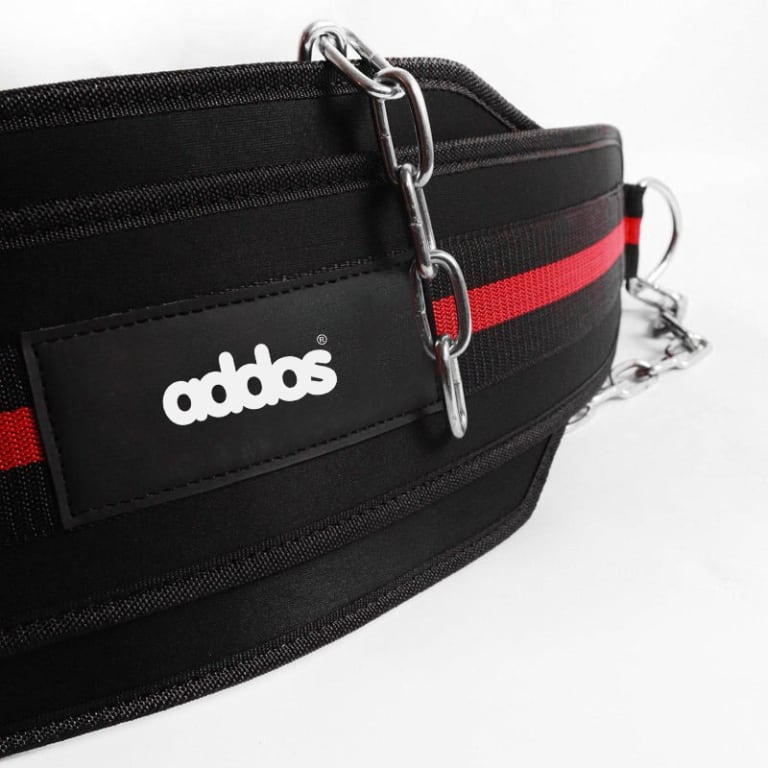Close-up of a black Addos dipping belt with a red stripe and a steel chain on a white background.