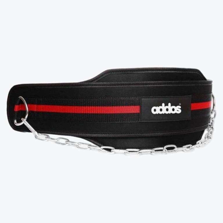 A black and red Addos dip belt with a steel chain on a plain white background.