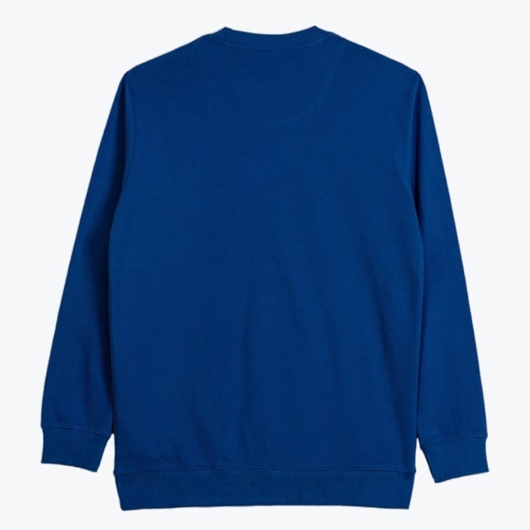 The back view of a solid blue crewneck sweatshirt with ribbed cuffs and hem against a white background.