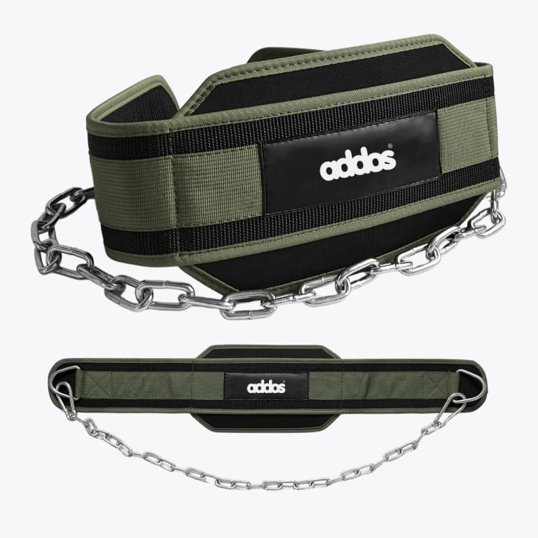 An olive green and black Addos dip belt shown in two views, featuring a thick padded back support and a heavy-duty steel chain attached to metal D-rings.