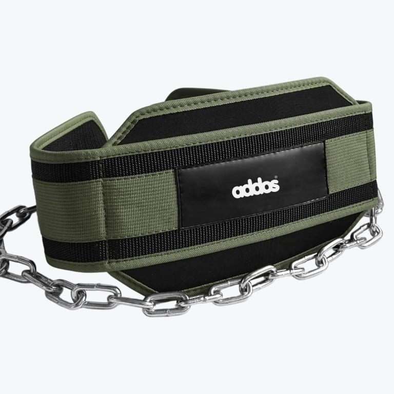 An olive green and black padded weightlifting dip belt with a silver steel chain, featuring the addos logo on a black patch, isolated on a white background.