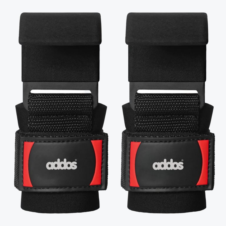 A pair of black weightlifting hooks with padded wrist wraps by Addos, featuring red accents and a white logo, set against a white background.