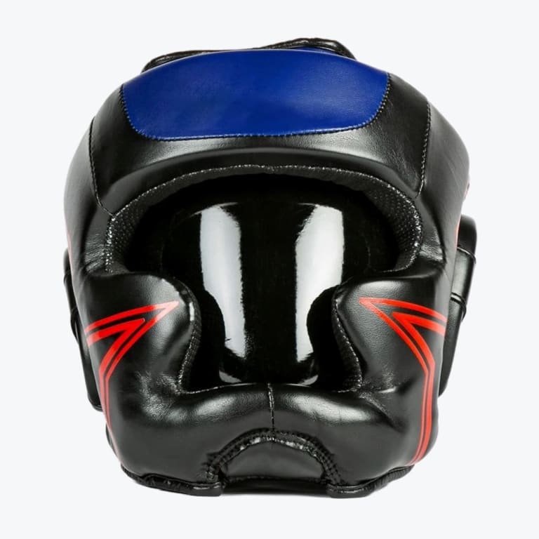 Front view of a black leather boxing headguard with a blue top panel and red accents on the cheek guards, displayed on a white background.