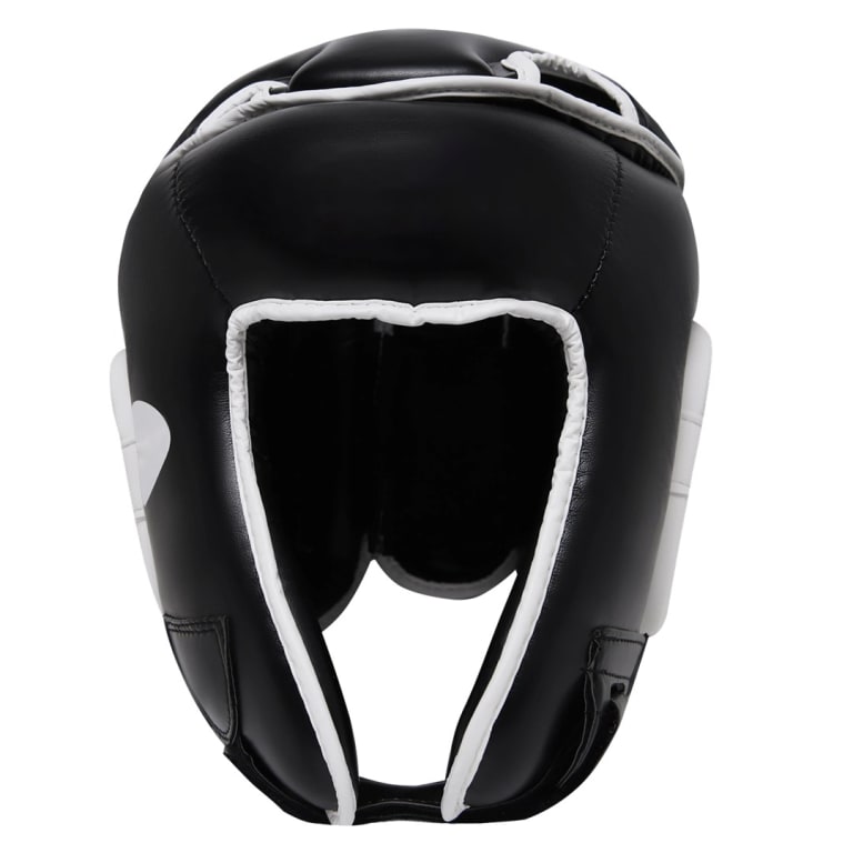 Front view of a black boxing headguard with white trim on a white background.