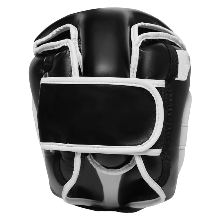 Back view of a black leather boxing headgear with white trim, featuring a wide velcro strap closure, isolated on a white background.