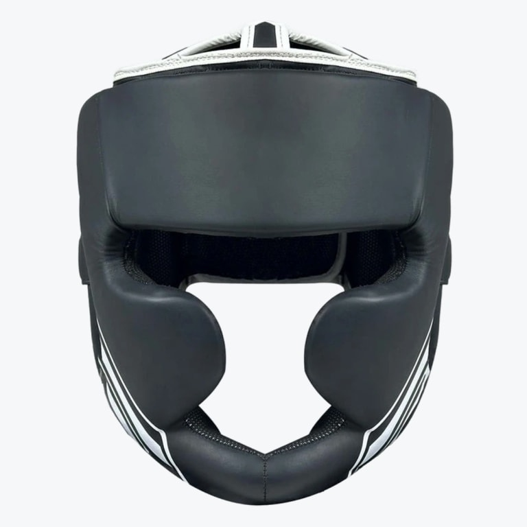 Front view of a black boxing headgear with cheek and chin protection, isolated on a white background.