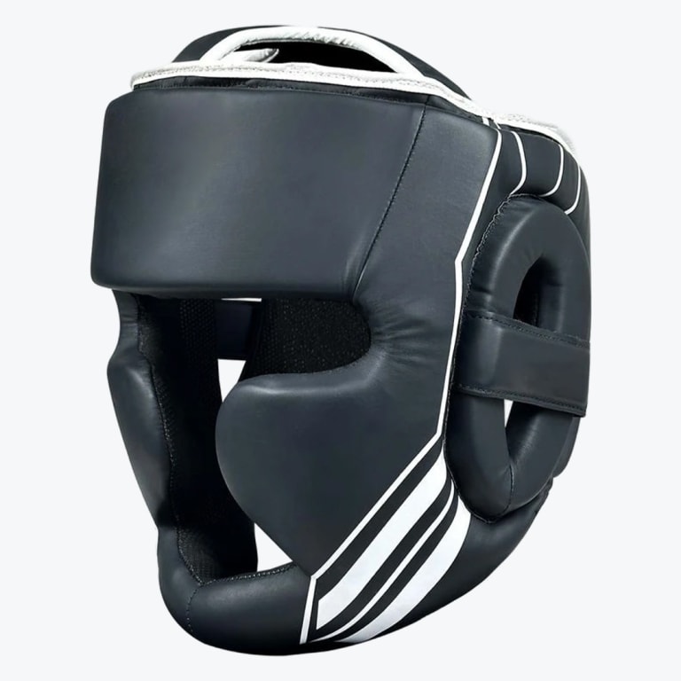 A black protective boxing headgear with cheek and ear guards, featuring white diagonal stripes on the side, isolated on a white background.