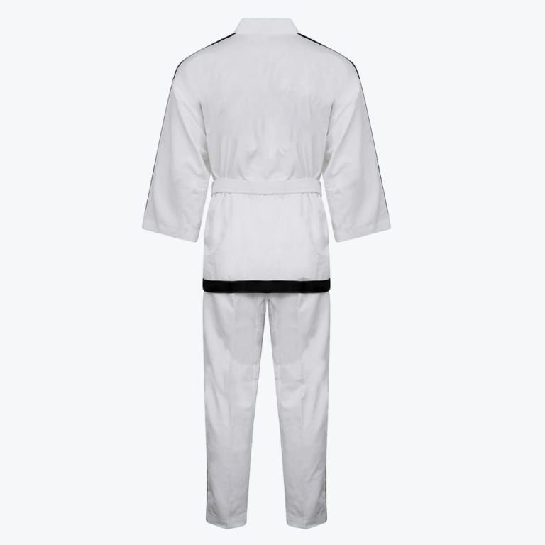 Back view of a white martial arts uniform with black stripes on the shoulders and pants, tied with a white belt.