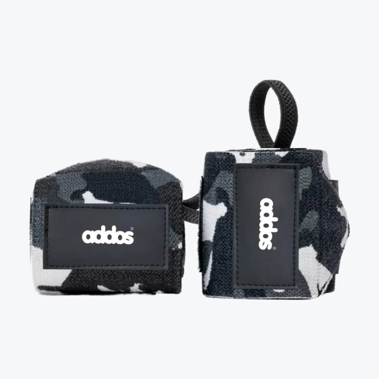 A pair of Addos wrist wraps with a black, grey, and white camo pattern and a black logo patch, set against a plain white background.