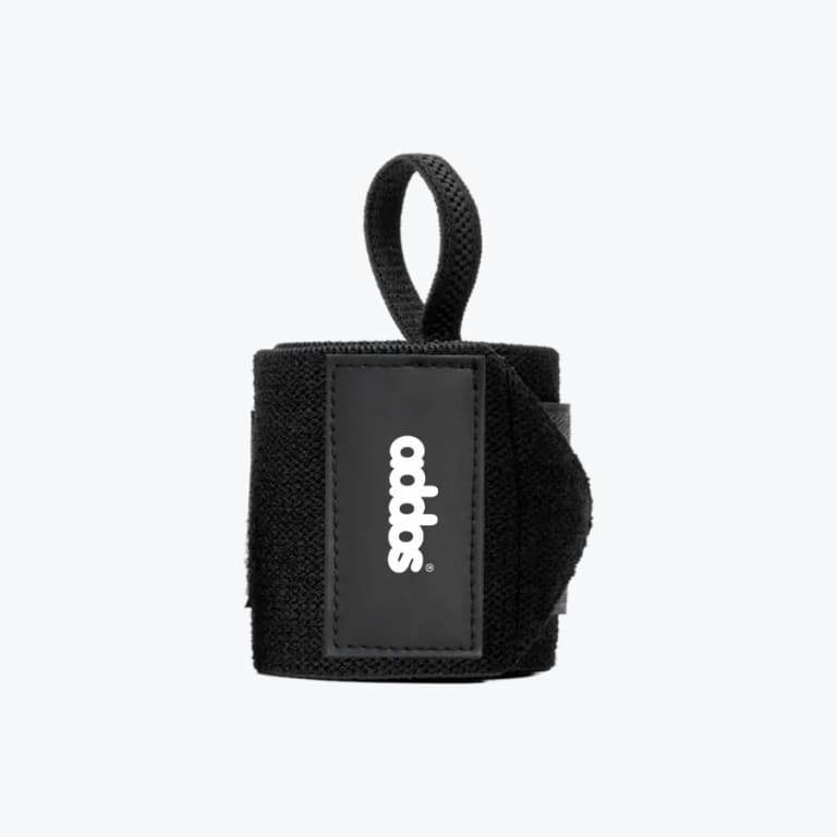 A black Addos wrist wrap with a thumb loop and a vertical white logo on a white background.