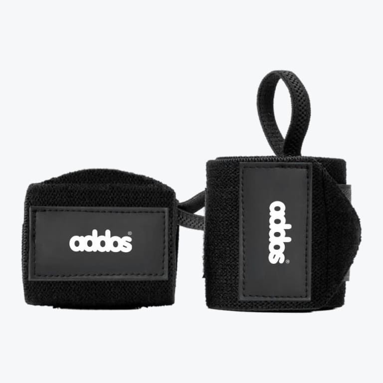 A pair of black athletic wrist wraps with the white addos logo on a black patch, displayed against a clean white background.